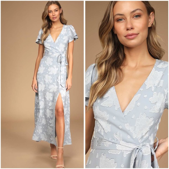 Lulus Dresses & Skirts - Lulus Icy Blue Floral Wrap Maxi Dress Medium Flutter Romantic Whimsical Boho